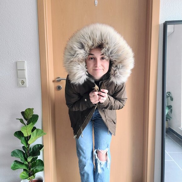 TopShop Jaxson Olive Green Faux Fur Hooded Lined Anorak Peacoat Jacket US Size 2 - Picture 7 of 16